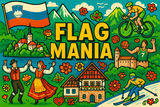 crea un mix di immagini dai colori vivaci che esalti SLOVENIA con le sue tradizioni, storia, eroi sportivi Inserisci la bandiera e aggiungi la scritta FLAG MANIA