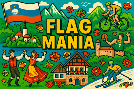crea un mix di immagini dai colori vivaci che esalti SLOVENIA con le sue tradizioni, storia, eroi sportivi Inserisci la bandiera e aggiungi la scritta FLAG MANIA