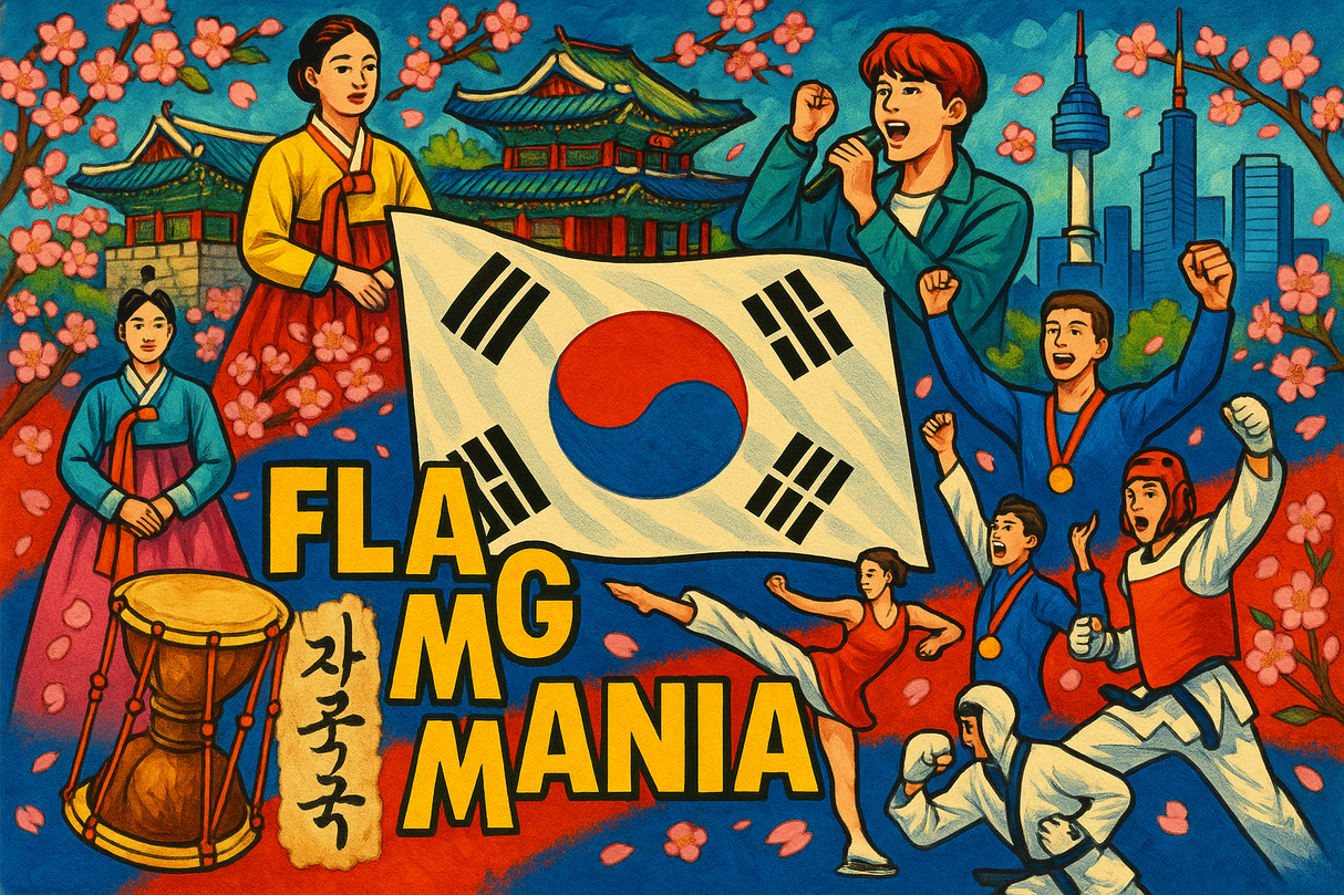 crea un mix di immagini dai colori vivaci che esalti SOUTH KOREA con le sue tradizioni, storia, eroi sportivi Inserisci la bandiera e aggiungi la scritta FLAG MANIA