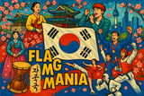 crea un mix di immagini dai colori vivaci che esalti SOUTH KOREA con le sue tradizioni, storia, eroi sportivi Inserisci la bandiera e aggiungi la scritta FLAG MANIA