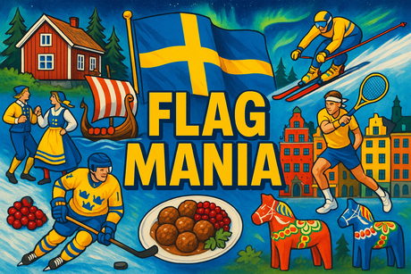 crea un mix di immagini dai colori vivaci che esalti SVEZIA con le sue tradizioni, storia, eroi sportivi. Inserisci la bandiera e aggiungi la scritta FLAG MANIA