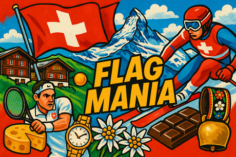crea un mix di immagini dai colori vivaci che esalti SVIZZERA con le sue tradizioni, storia, eroi sportivi. Inserisci la bandiera e altre immagini e aggiungi la scritta FLAG MANIA