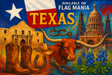 crea un mix di immagini dai colori vivaci che esalti TEXAS e la sua storia. Inserisci la bandiera e altre immagini e scrivi available on FLAG MANIA
