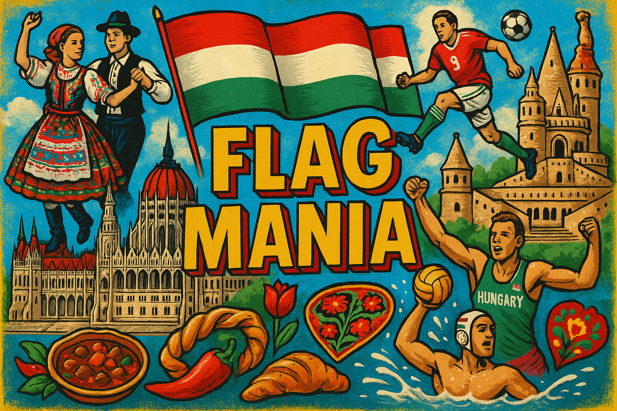 crea un mix di immagini dai colori vivaci che esalti UNGARIA con le sue tradizioni, storia, eroi sportivi. Inserisci la bandiera e aggiungi la scritta FLAG MANIA