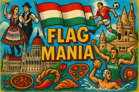 crea un mix di immagini dai colori vivaci che esalti UNGARIA con le sue tradizioni, storia, eroi sportivi. Inserisci la bandiera e aggiungi la scritta FLAG MANIA