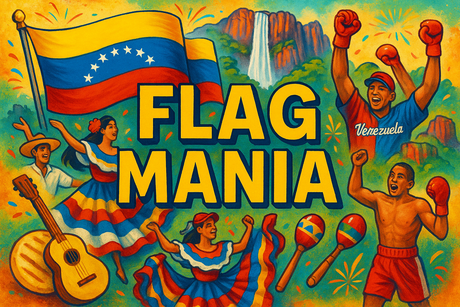 crea un mix di immagini dai colori vivaci che esalti VENEZUELA con le sue tradizioni, storia, eroi sportivi Inserisci la bandiera e aggiungi la scritta FLAG MANIA