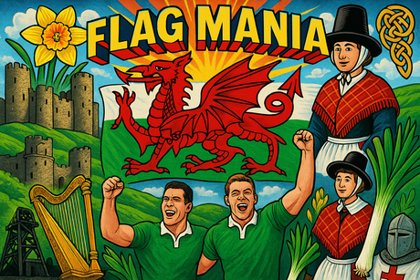 crea un mix di immagini dai colori vivaci che esalti WALES con le sue tradizioni, storia, eroi sportivi. Inserisci la bandiera e aggiungi la scritta FLAG MANIA