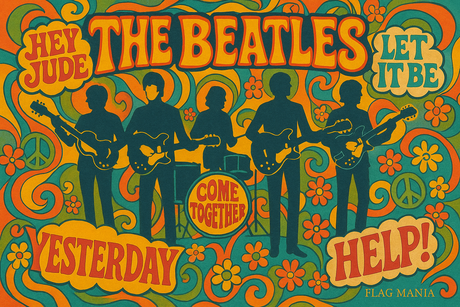 Crea un mix di immagini dei BEATLES aggiungendo la scritta del nome e qualche hit... sii bravissimo!! . Aggiungi più piccola la scritta FLAG MANIA