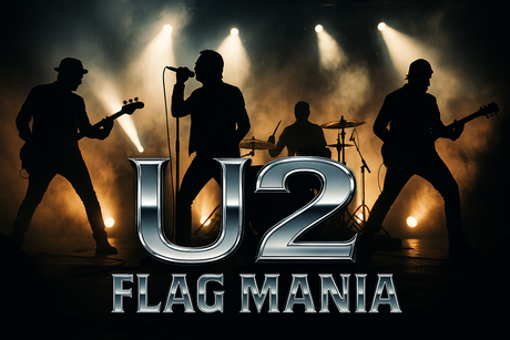Crea un mix di immagini del gruppo musicale degli U2 con la scritta U2. Aggiungi più piccola la scritta FLAG MANIA