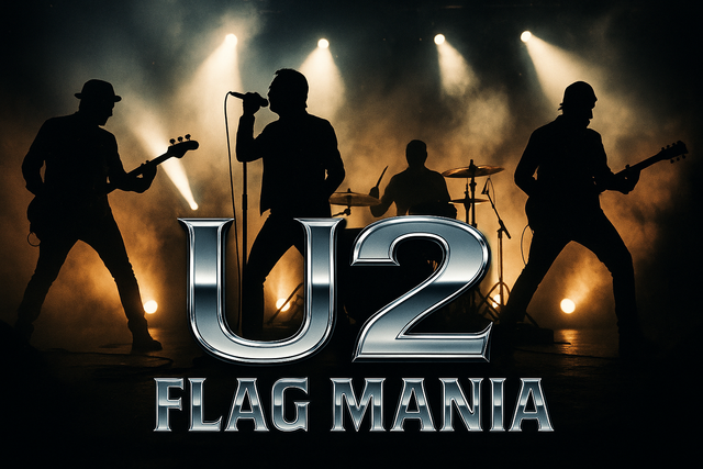 Crea un mix di immagini del gruppo musicale degli U2 con la scritta U2. Aggiungi più piccola la scritta FLAG MANIA