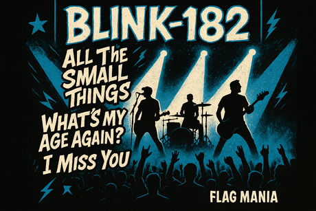 Crea un mix di immagini vere del gruppo musicale BLINK182 aggiungendo la scritta del nome e qualche hit. Aggiungi più piccola la scritta FLAG MANIA