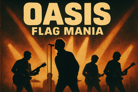 Crea un mix di immagini vere del gruppo musicale degli OASIS aggiungendo la scritta del nome. Aggiungi più piccola la scritta FLAG MANIA