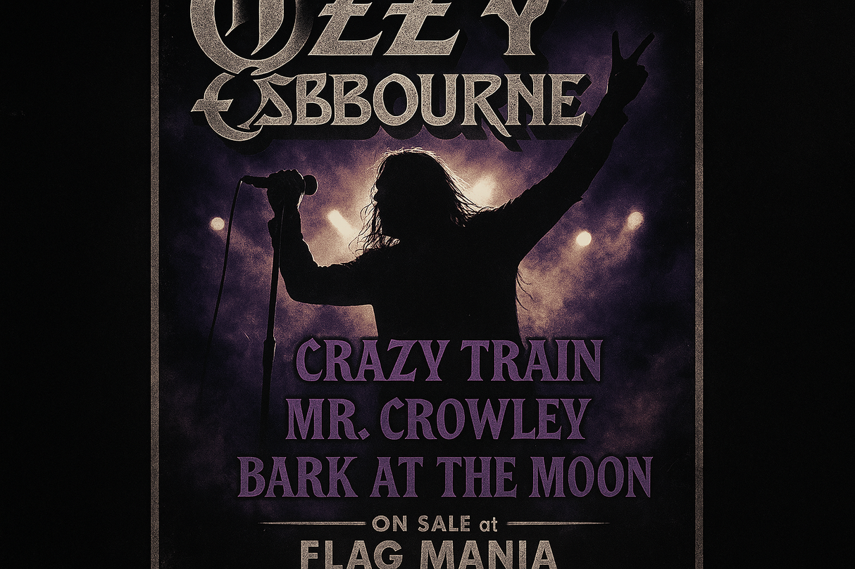 Crea un mix di immagini vere del gruppo musicale di OZZY OSBOURNE aggiungendo la scritta del nome e qualche loro successo. Aggiungi più piccola la scritta ON SALE on FLAG MANIA