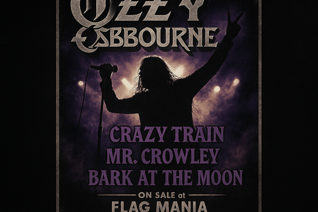 Crea un mix di immagini vere del gruppo musicale di OZZY OSBOURNE aggiungendo la scritta del nome e qualche loro successo. Aggiungi più piccola la scritta ON SALE on FLAG MANIA