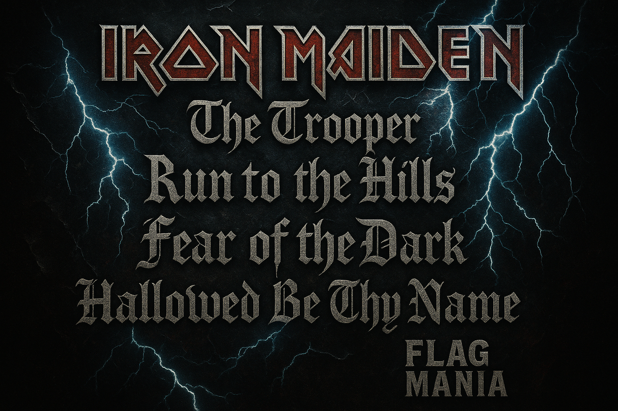 Crea un mix di immagini vere del gruppo musicale IRON MAIDEN aggiungendo la scritta del nome e qualche hit. Aggiungi più piccola la scritta FLAG MANIA