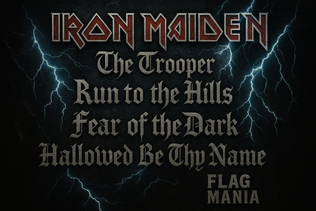 Crea un mix di immagini vere del gruppo musicale IRON MAIDEN aggiungendo la scritta del nome e qualche hit. Aggiungi più piccola la scritta FLAG MANIA