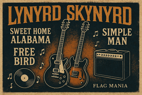 Crea un mix di immagini vere del gruppo rock degli LYNYRD SKYNYRD  aggiungendo la scritta del nome e qualche hit. Aggiungi più piccola la scritta FLAG MANIA