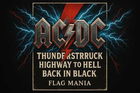 Crea un mix di immagini vere della band mudicale degli AC / DC aggiungendo la scritta del nome e qualche hit. Aggiungi più piccola la scritta FLAG MANIA