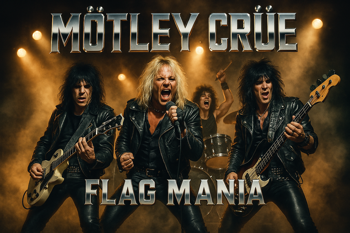 Crea un mix di immagini vere della rock band dei MOTLEY CRUE aggiungendo la scritta del nome. Aggiungi più piccola la scritta FLAG MANIA