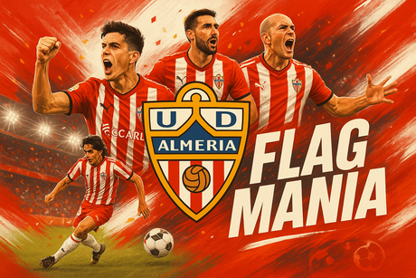 crea una bella immagine che esalta ALMERIA calcio. Inserisci il logo della squadra, immagini di leggende del club, e aggiungi la scritta FLAG MANIA
