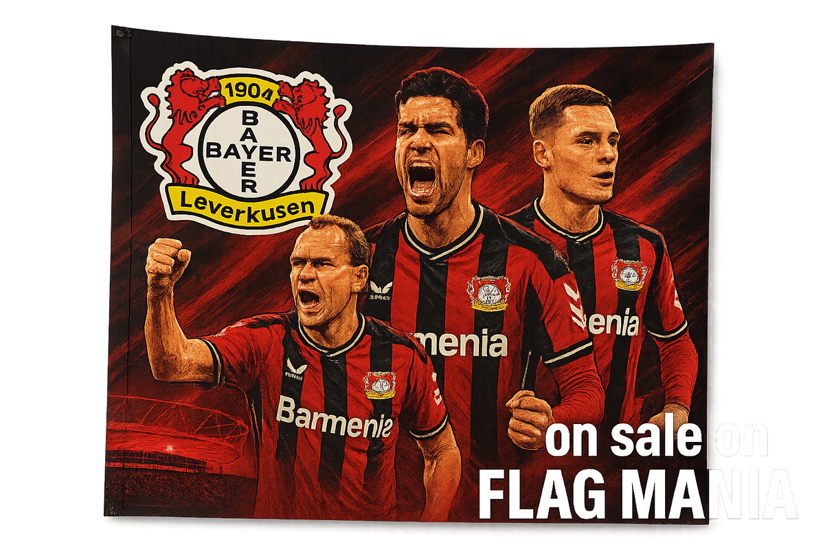 crea una bella immagine che esalta BAYER LEVERKUSEN calcio. Inserisci il logo della squadra, immagini delle leggende Kirsten Ballack e Wirtz, e aggiungi la scritta "on sale on FLAG MANIA"