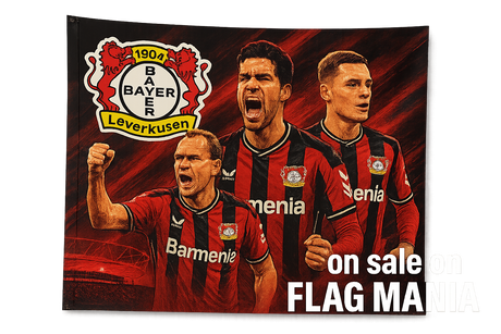 crea una bella immagine che esalta BAYER LEVERKUSEN calcio. Inserisci il logo della squadra, immagini delle leggende Kirsten Ballack e Wirtz, e aggiungi la scritta "on sale on FLAG MANIA"
