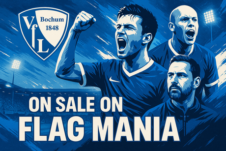crea una bella immagine che esalta BOCHUM calcio. Inserisci il logo della squadra, immagini vere di Wosz e Thomas Reis e aggiungi la scritta "on sale on FLAG MANIA"
