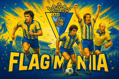 crea una bella immagine che esalta CADIZ calcio. Inserisci il logo della squadra, immagini di leggende del club, e aggiungi la scritta FLAG MANIA