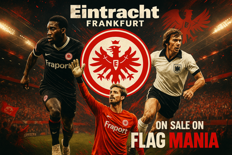 crea una bella immagine che esalta EINTRACHT FRANKFURT calcio. Inserisci il logo della squadra, immagini di okocha Trapp e Grabowski, e aggiungi la scritta "on sale on FLAG MANIA"