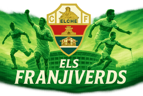 crea una bella immagine che esalta ELCHE calcio. Inserisci il logo della squadra, immagini di leggende del club, e aggiungi la scritta FLAG MANIA
