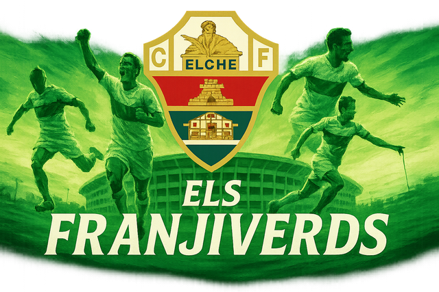 crea una bella immagine che esalta ELCHE calcio. Inserisci il logo della squadra, immagini di leggende del club, e aggiungi la scritta FLAG MANIA