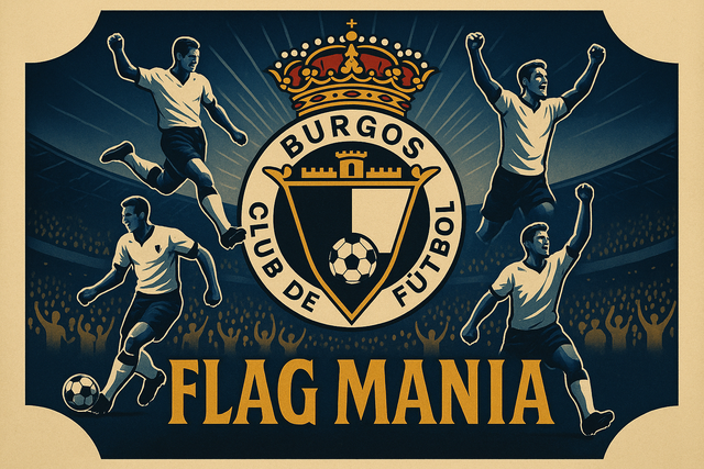 crea una bella immagine che esalta il BURGOS FOOTBALL CLUB. Inserisci il logo della squadra, magari campioni del passato, e aggiungi la scritta FLAG MANIA