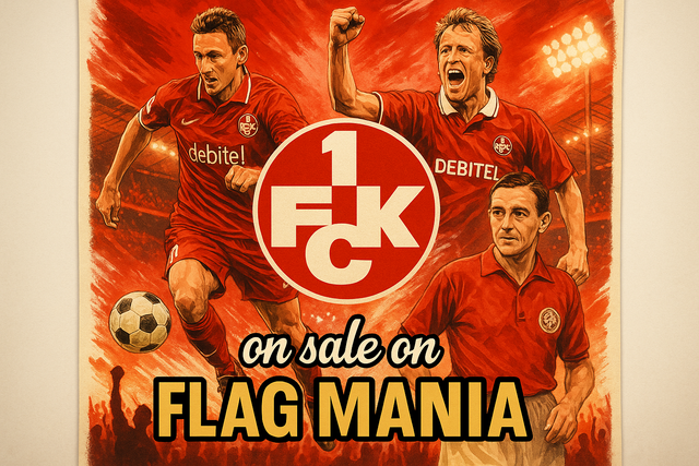 crea una bella immagine che esalta KAISERSLAUTERN calcio. Inserisci il logo della squadra, immagini di leggende come Klose Brehme e Fritz Walter, e aggiungi la scritta "on sale on FLAG MANIA"
