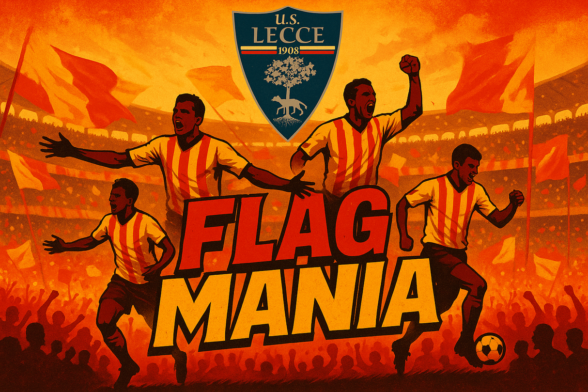 crea una bella immagine che esalta LECCE calcio. Inserisci il logo della squadra, immagini di giocatori leggende del club, e aggiungi la scritta FLAG MANIA