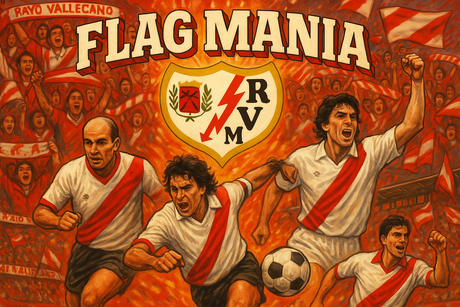 crea una bella immagine che esalta RAYO VALLECANO calcio. Inserisci il logo della squadra, immagini di leggende del club, e aggiungi la scritta FLAG MANIA
