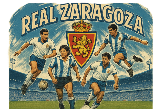 crea una bella immagine che esalta REAL ZARAGOZA calcio. Inserisci il logo della squadra, immagini di leggende del club, e aggiungi la scritta