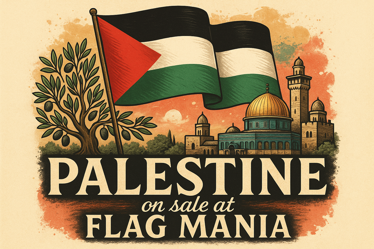 crea una bella immagine che riassuma la PALESTINE, inserendo più immagini se vuoi. Inserisci la bandiera del paese scrivendo PALESTINE e aggiungi la scritta "on sale on FLAG MANIA"