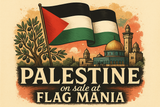 crea una bella immagine che riassuma la PALESTINE, inserendo più immagini se vuoi. Inserisci la bandiera del paese scrivendo PALESTINE e aggiungi la scritta "on sale on FLAG MANIA"
