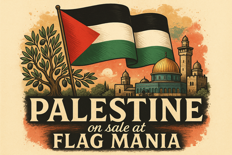 crea una bella immagine che riassuma la PALESTINE, inserendo più immagini se vuoi. Inserisci la bandiera del paese scrivendo PALESTINE e aggiungi la scritta "on sale on FLAG MANIA"