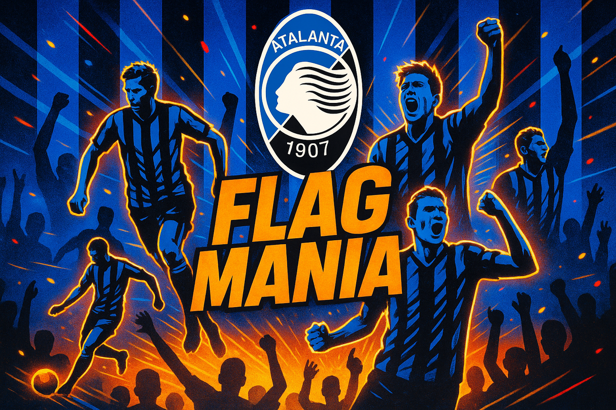 crea una bella immagine dai colori brillanti che esalta ATALANTA calcio. Inserisci il logo della squadra e immagini di leggende del club e aggiungi la scritta FLAG MANIA
