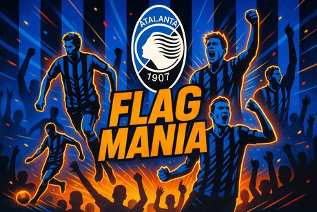 crea una bella immagine dai colori brillanti che esalta ATALANTA calcio. Inserisci il logo della squadra e immagini di leggende del club e aggiungi la scritta FLAG MANIA