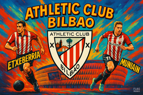 crea una bella immagine dai colori brillanti che esalta ATHLETIC CLUB BULBAO calcio. Inserisci lo stemma della squadra e il nome, immagini di Exteberria e Muniain e lo stadio come sfondo. Aggiungi la scritta FLAG MANIA in piccolo