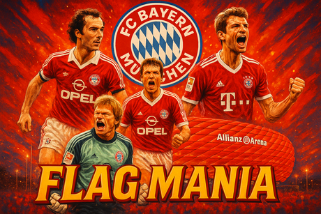 crea una bella immagine dai colori brillanti che esalta BAYERN MONACO calcio. Inserisci il logo della squadra, immagini di Beckenbauer Matthaus Kahn e Muller e lo stadio come sfondo. Aggiungi la scritta FLAG MANIA