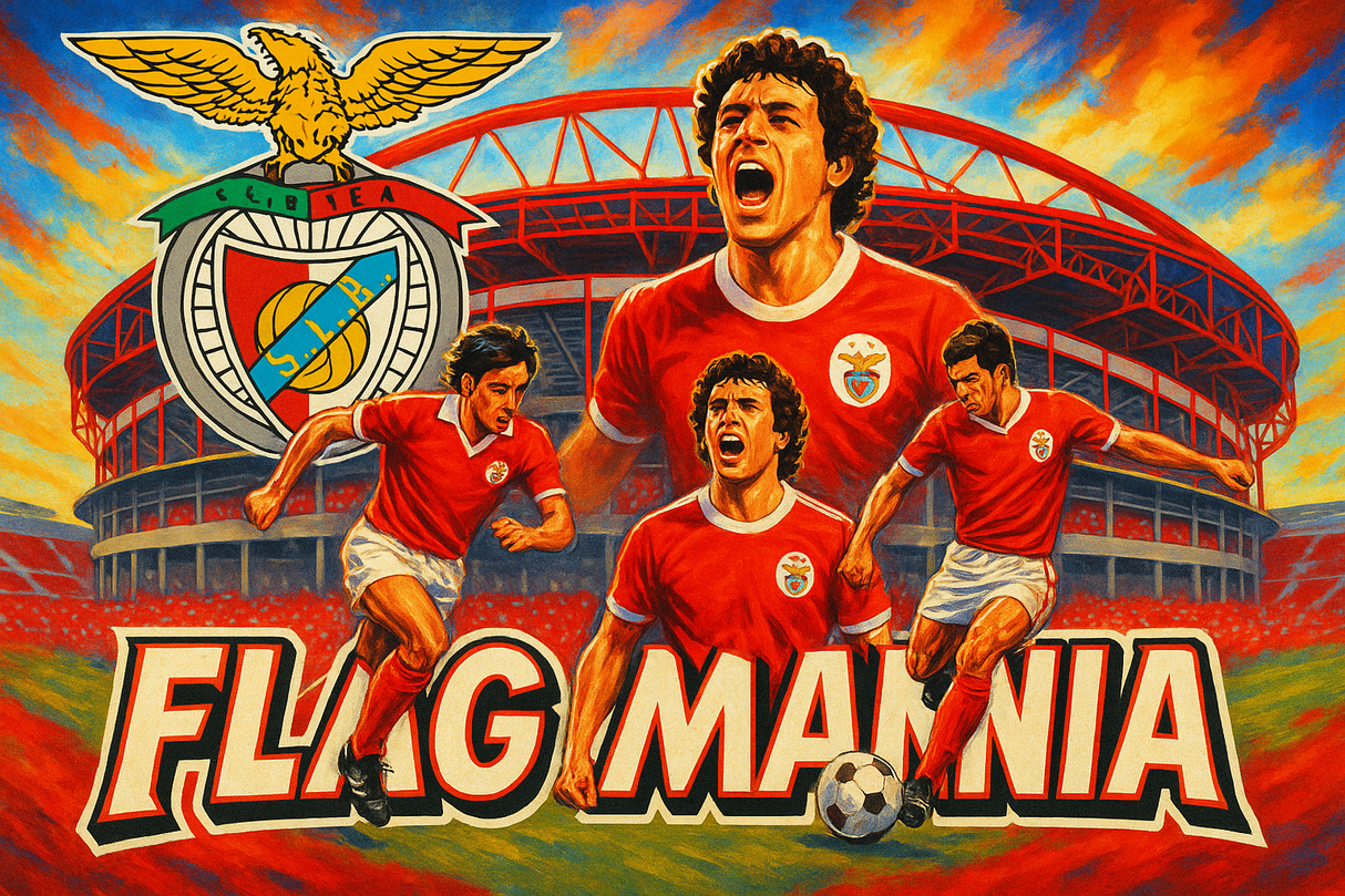 crea una bella immagine dai colori brillanti che esalta BENFICA calcio. Inserisci il logo della squadra, immagini vere di giocatori che ne hanno fatto la storia e magari lo stadio come sfondo. Aggiungi la scritta FLAG MANIA
