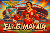 crea una bella immagine dai colori brillanti che esalta BENFICA calcio. Inserisci il logo della squadra, immagini vere di giocatori che ne hanno fatto la storia e magari lo stadio come sfondo. Aggiungi la scritta FLAG MANIA