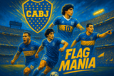 crea una bella immagine dai colori brillanti che esalta BOCA JUNIORS calcio. Inserisci il logo della squadra, immagini di Tevez Maradona e Riquelme e lo stadio come sfondo. Aggiungi la scritta FLAG MANIA