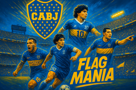 crea una bella immagine dai colori brillanti che esalta BOCA JUNIORS calcio. Inserisci il logo della squadra, immagini di Tevez Maradona e Riquelme e lo stadio come sfondo. Aggiungi la scritta FLAG MANIA
