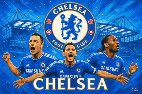 crea una bella immagine dai colori brillanti che esalta CHELSEA calcio. Inserisci lo stemma della squadra e il nome, immagini di Terry Lampard e Drogba e lo stadio come sfondo. Aggiungi la scritta FLAG MANIA in piccolo