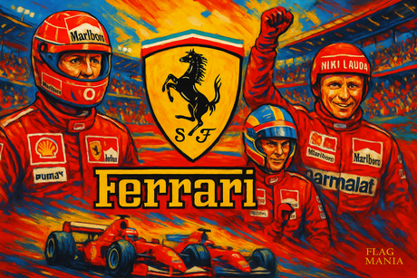 crea una bella immagine dai colori brillanti che esalta FERRARI Formula 1. Inserisci lo stemma della squadra e il nome, immagini di Schumacher Villeneuve e Lauda e lo stadio come sfondo. Aggiungi la scritta FLAG MANIA in piccolo