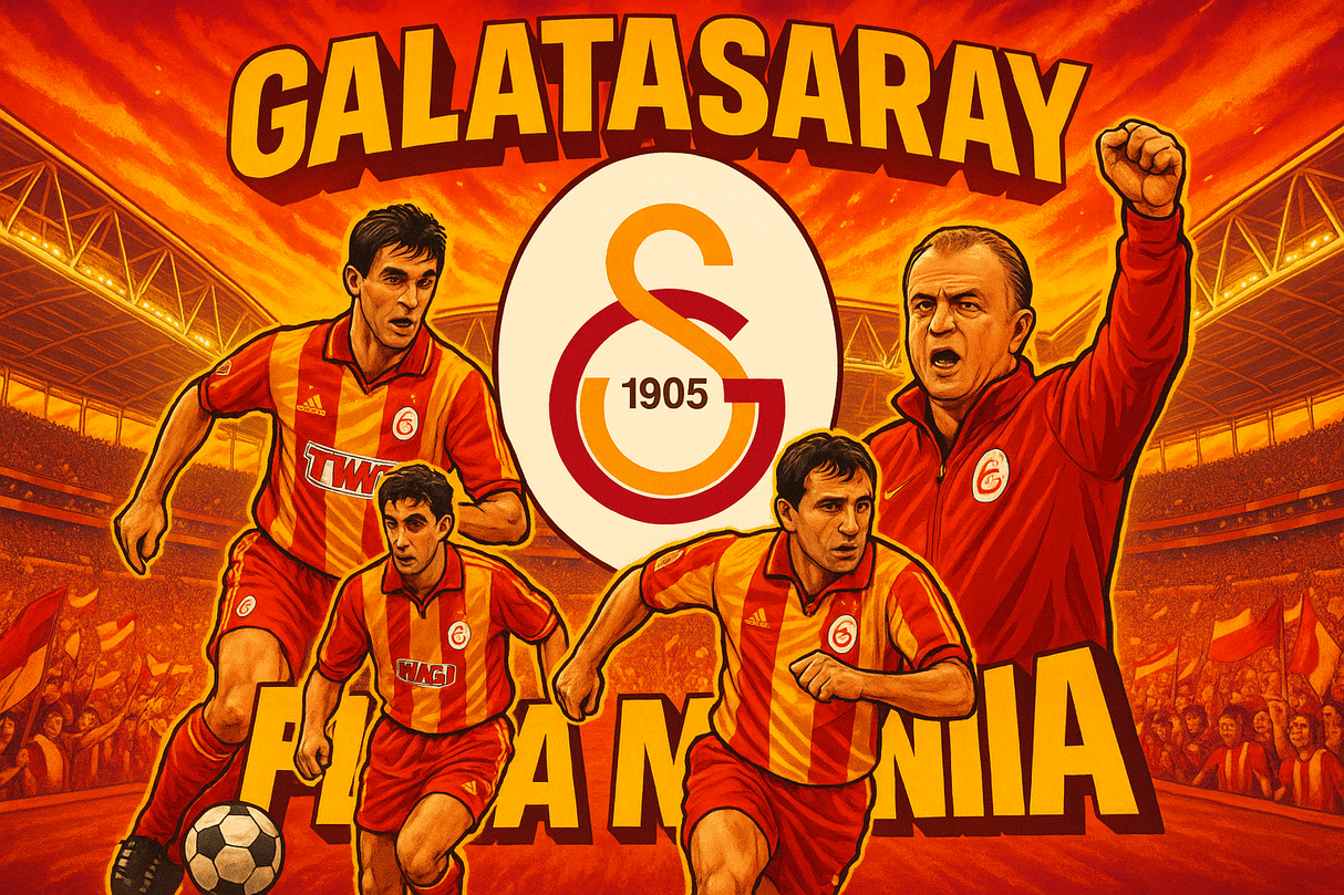 crea una bella immagine dai colori brillanti che esalta GALATASARAY calcio. Inserisci il logo della squadra, immagini di Hakan Sukur Hagi e Terim e lo stadio come sfondo. Aggiungi la scritta FLAG MANIA